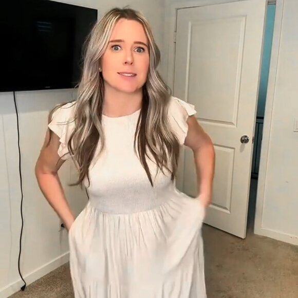 Flutter Sleeve Smocked Midi Dress Tiered Skirt Elastic Waist Cottagecore Chic - Picture 8 of 8